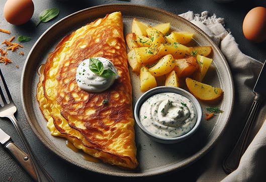 Un plato con una tortilla de patatas junto a otro plato con una salsa alioli